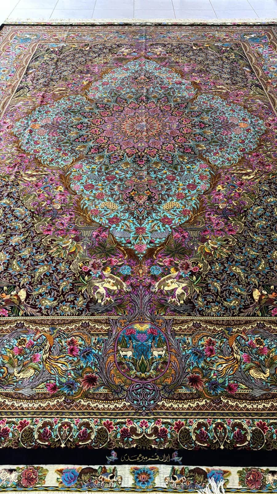 Hand-knotted Iranian pure silk carpet, 3 × 4 m, on the Al Malakia showroom floor