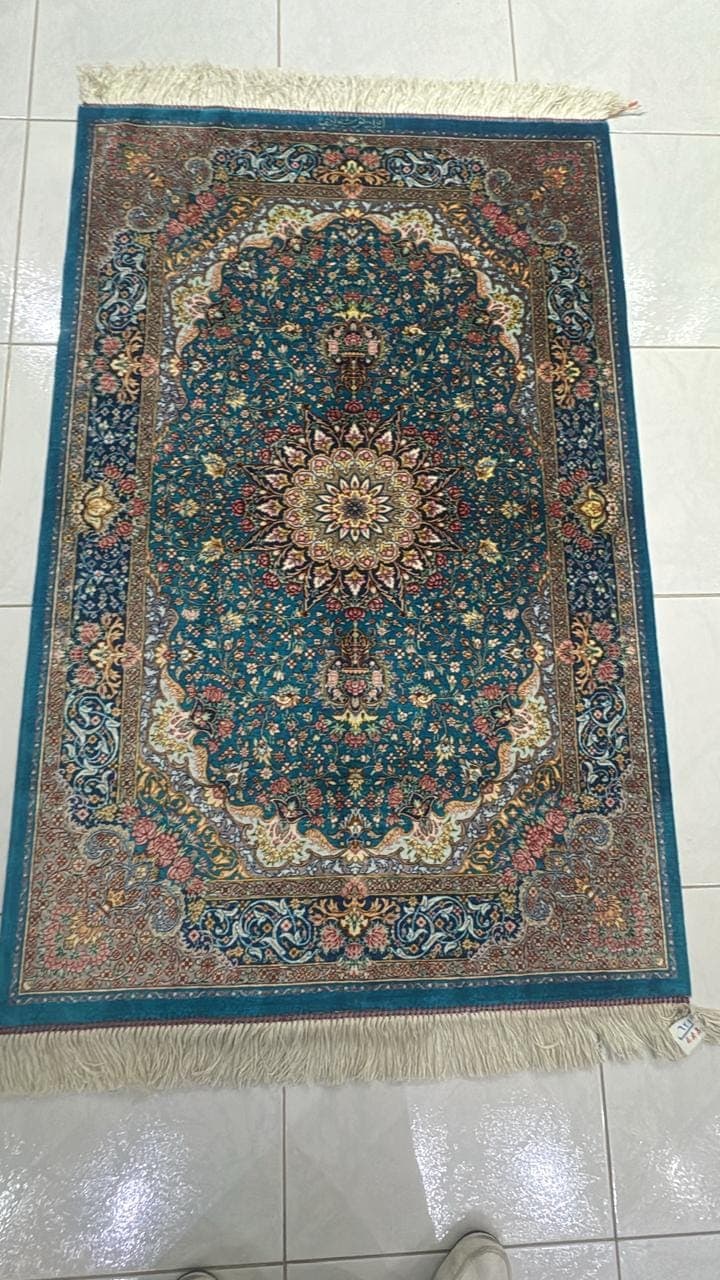 Handmade Qum Pure Silk Carpet – Iranian Luxury with Turquoise Elegance view 3